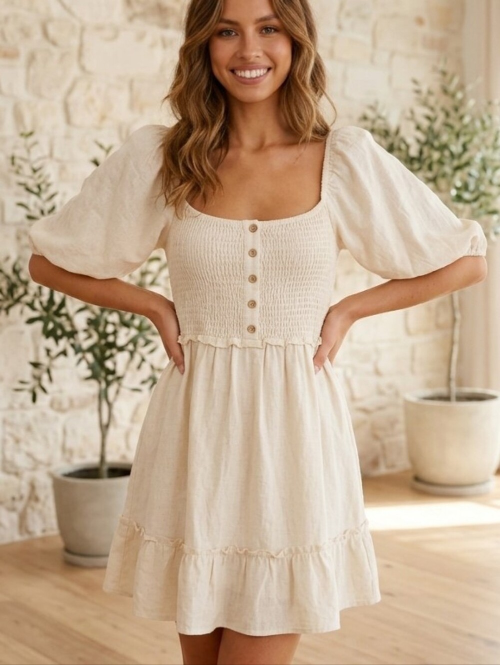 Love Richie Dress Smocked Bodice Mini Natural Puff Sleeve Size Large NWT